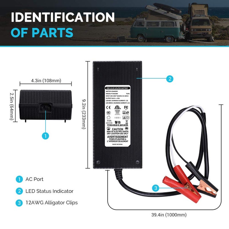Renogy شاحن بطارية محمول Renogy 12V 20A AC إلى DC مع مشابك تمساح 12AWG لبطاريات فوسفات الحديد الليثيوم - Image 3